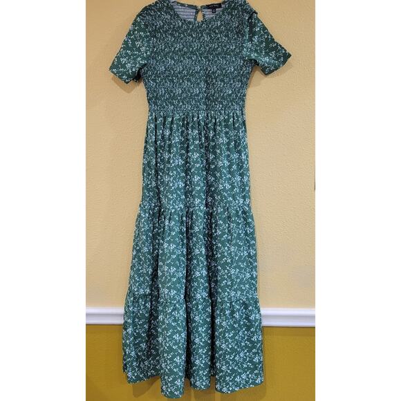 Aly Daly Small Smocked Maxi Dress Green Floral Print Size Small Three Tiered - Picture 2 of 15